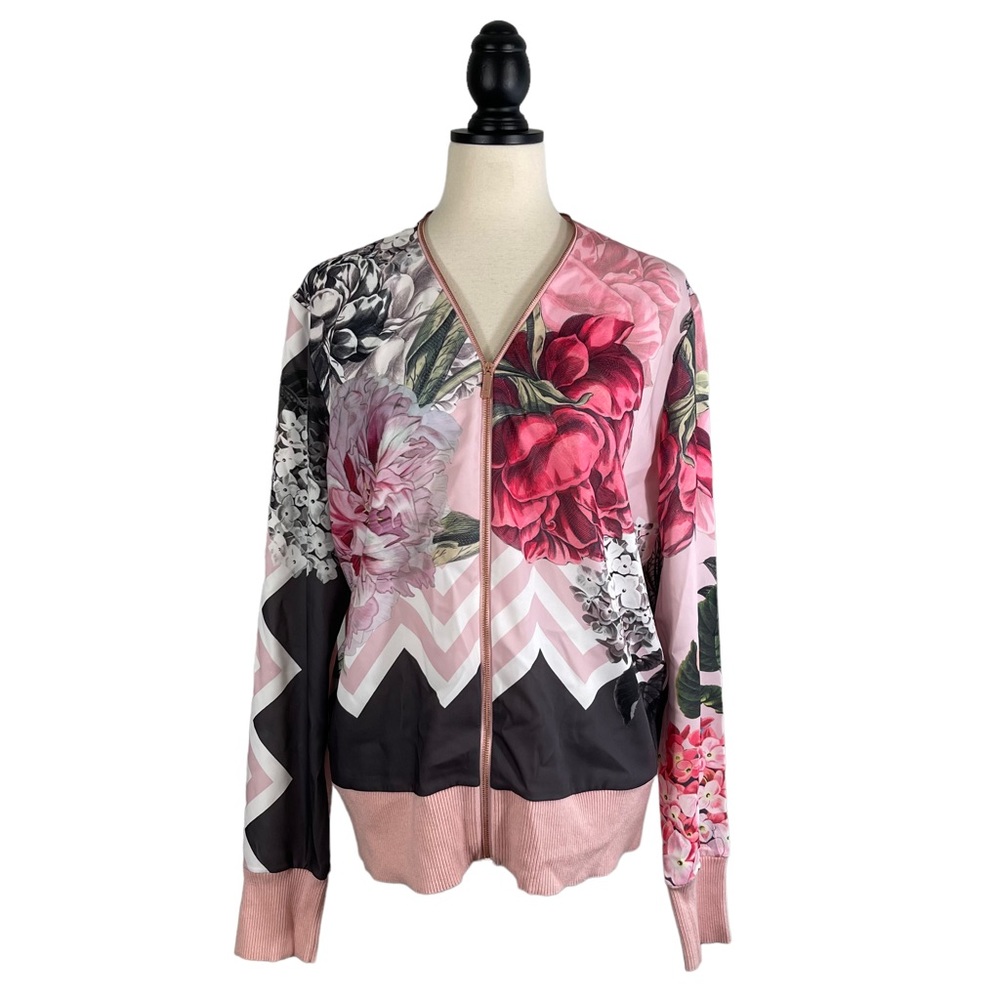 Ted Baker Bomber Jacket Pink Gray Mixed Floral Print Knit Back, Size 5 (US 12)